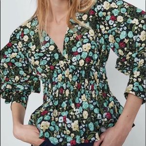 Zara floral peplum puff long sleeve shirt sz small